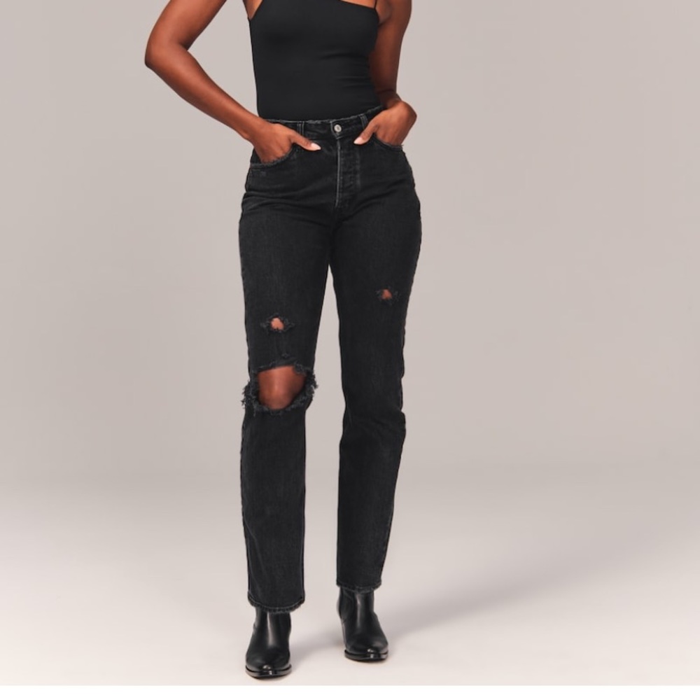 A&F Curve Love High Rise Dad Jeans in Ripped Black Wash - lightly worn